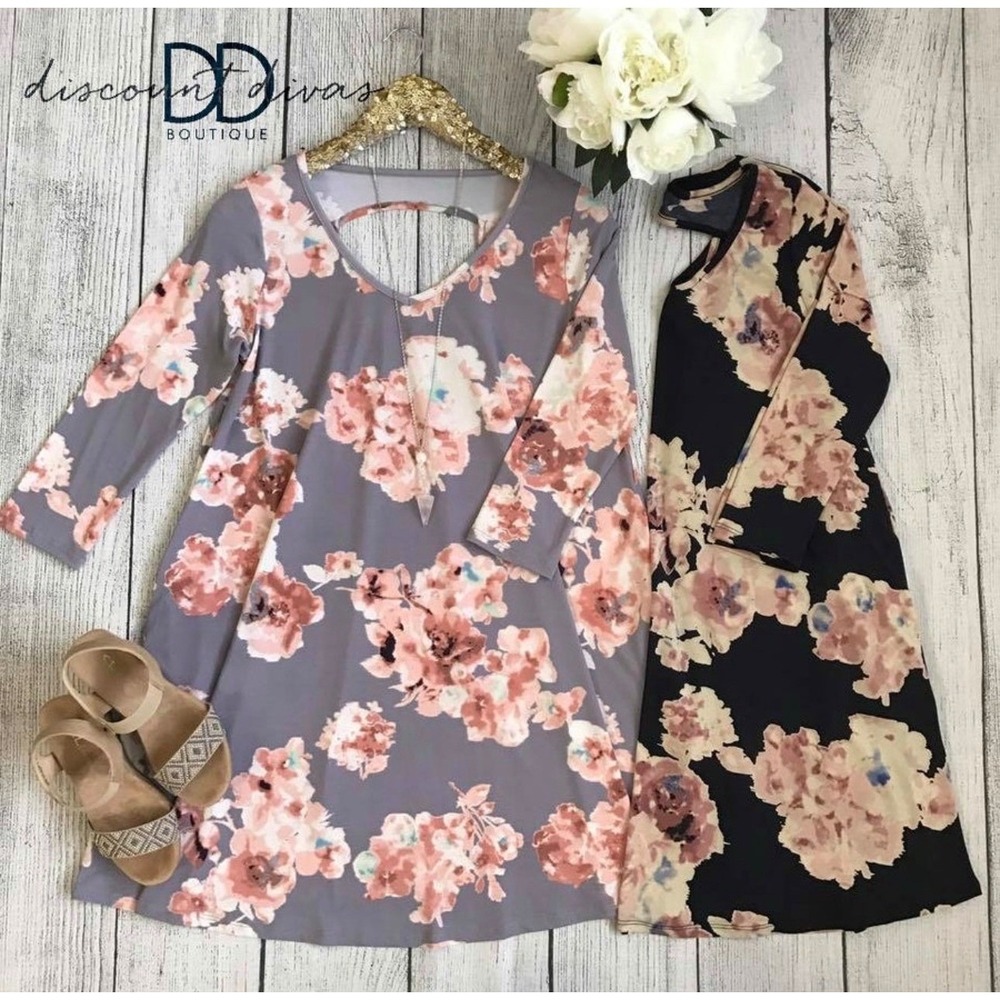 MTS Women Grey Peach Floral V-Neck 3/4 Sleeve Cut-Out Back Pocket Mini Dress M - Picture 7 of 8